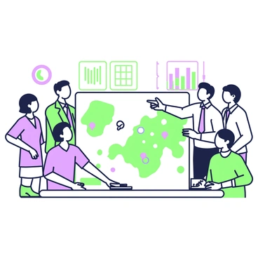 A sales team gathered around a large map, planning their sales route for the month