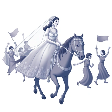 A cartoon bride wearing an ornate wedding dress adorned with intricate patterns and embellishments. She has a joyful expression on her face as she rides a beautifully decorated horse. The horse features elaborate decorations, including colorful fabrics draping along its sides and ornate ornaments on its saddle. Surrounding them is a lively baraat procession, with figures dancing and celebrating in traditional attire. Banners and garlands can be seen in the background, adding to the festive atmosphere.
