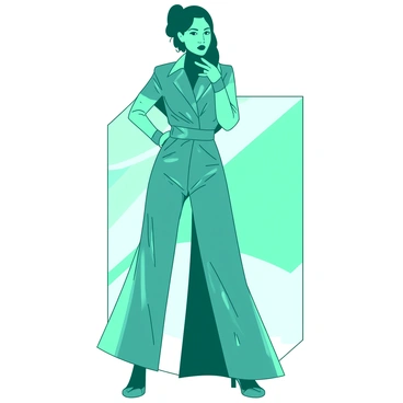 A teal model is wearing a sleek outfit made of metallic fabric with geometric shapes. The outfit features sharp angles and bold patterns, highlighting the model's silhouette. The model stands confidently, with one hand on her hip and the other lightly touching her chin. Behind her, there is a soft gradient background that enhances the futuristic theme. The light catches the metallic surfaces, creating reflections that add depth to the scene.