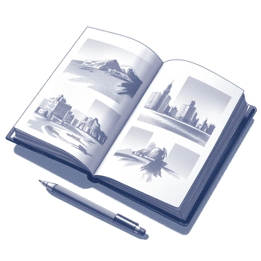 An open travel sketchbook lies on a textured surface, showcasing a variety of quick illustrations. The pages are filled with depictions of landscapes, cityscapes, and local people, capturing moments from different locations. Each sketch is characterized by fluid lines and intricate details, emphasizing the spontaneity of the drawings. The sketchbook is slightly worn, indicating frequent use during travels. Pencil marks and faint smudges can be seen, adding to the authenticity of the artwork. An ink pen rests beside the sketchbook, hinting at the artist's creative process. The scene reflects the essence of exploration and artistic expression.