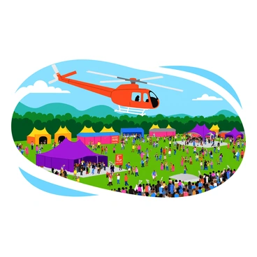 A helicopter hovering above a large outdoor music festival, with a vibrant crowd gathered below. Colorful tents and stages are set up throughout the area, filled with people dancing and enjoying the music. Bright banners and flags decorate the scene, fluttering in the breeze. The helicopter features a sleek design with spinning rotors, casting a shadow onto the festival grounds. In the distance, lush green trees outline the festival site, creating a lively atmosphere.