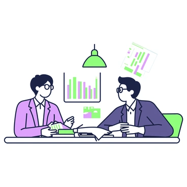 A political analyst with glasses is sitting at a table, engaged in a discussion with a colleague. The analyst is wearing a navy blue blazer and a white shirt. The table is covered with graphs and news clippings, showcasing various election trends. One graph features a bar chart with multiple colored bars, while another presents a line graph with several data points. News clippings are scattered across the table, some with highlighted text and images. The colleague, dressed in a professional outfit, is leaning forward, listening intently and taking notes on a notepad. Bright overhead lights illuminate the scene, emphasizing the seriousness of their conversation.