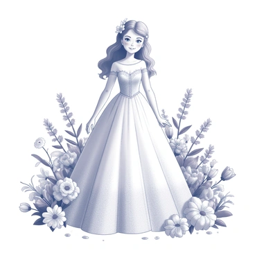 A girl wearing an elegant wedding dress with intricate lace detailing stands gracefully among a variety of flowers. The dress features a fitted bodice that flows into a full skirt, creating a dramatic silhouette. She has long hair styled in soft curls, adorned with small floral accents that match her surroundings. The flowers around her include roses, lilies, and daisies, creating a lush and vibrant scene. The girl's expression reflects joy and contentment as she enjoys this special moment, with petals gently scattered on the ground around her.