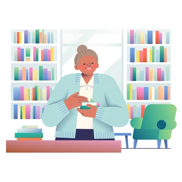 A librarian with light brown hair tied in a bun is smiling while standing behind a wooden desk in a quiet library. She is wearing a comfortable, light blue cardigan over a white blouse. In her hands, she has a small stack of books. The background features tall bookshelves filled with colorful books, and there is a cozy reading nook with a green armchair and a small table in one corner. Sunlight filters through a nearby window, illuminating the space softly. The librarian is looking directly at the visitors with a warm expression, saying "Hi!" with enthusiasm.