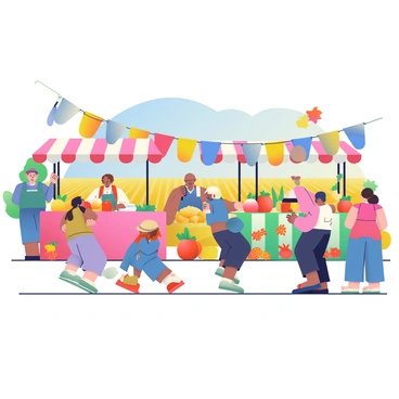 A lively harvest festival is taking place in the countryside. There are colorful stalls decorated with autumn leaves and pumpkins. People of different ages are gathered around, some are sampling fresh produce while others are chatting and laughing together. A woman wearing a straw hat is serving apple cider from a large wooden barrel. Nearby, children are playing games, and a couple is dancing to traditional music. Brightly colored banners are strung between the stalls, fluttering in the gentle breeze. In the background, golden fields of crops and a clear blue sky enhance the festive atmosphere.