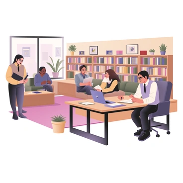 A digital flat illustration of a quiet office library filled with rows of bookshelves. Various employees are engaged in reading and researching throughout the space. In the foreground, a man with dark hair and glasses is seated at a wooden table, focused on an open book, with a laptop next to him. To the left, a woman with curly hair is standing, browsing through books on a shelf. In the background, there are two employees seated on a cozy couch, discussing their findings while surrounded by plants. The lighting is warm, creating a comfortable atmosphere. There are also large windows letting in natural light, with scattered books and notebooks on the tables.