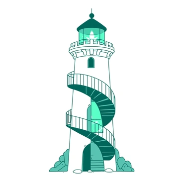 A white lighthouse with intricate, ornate details on its exterior stands tall against the sky. The structure features decorative railings and carved stone elements that add to its charm. Inside, a spiral staircase winds its way up, showcasing a teal railing that contrasts beautifully with the white walls. The staircase is illuminated by soft light filtering through a large circular window at the top, casting gentle shadows on the steps. At the very top of the lighthouse, the glass lantern room is visible, with a beacon ready to guide ships at sea.
