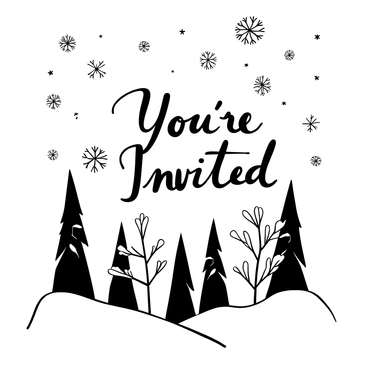 An invitation card with the words "You're Invited" elegantly displayed at the top. Surrounding the text are intricate, delicate snowflakes of various sizes scattered across the top and corners of the card. Below the text, there are tall, frosty trees with detailed branches covered in snow, creating a picturesque winter forest scene. The background features a gentle gradient texture that complements the winter theme, enhancing the overall composition of the invitation.