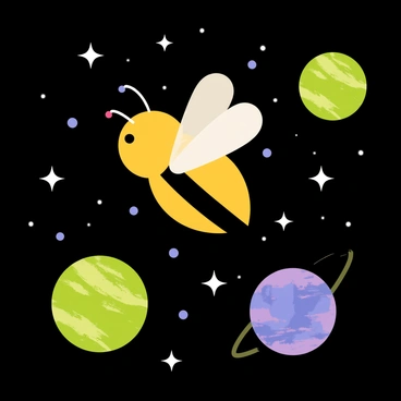 A honeybee with bright yellow and black stripes flying through a dark starry cosmos. The background features scattered white stars and a deep blue-black sky. The bee is surrounded by large, planet-like pollen grains in vibrant colors, such as green, blue, and purple, each with unique textures and patterns. The pollen grains float gently in the space around the bee, creating an otherworldly atmosphere.