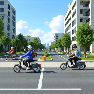A vibrant city scene featuring people commuting on bicycles and electric scooters. There are diverse individuals, including a woman with long hair wearing a blue jacket and white helmet riding a bicycle. Nearby, a man with a backpack and sunglasses is riding an electric scooter. The surroundings include modern buildings with large windows and green spaces with trees and flower beds. The streets are clean, and there are bike lanes clearly marked on the pavement. Bright blue skies and fluffy white clouds create a pleasant atmosphere.