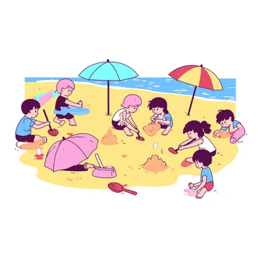 A yellow sandy beach stretches out under a bright sky. In the foreground, several colorful umbrellas of different shapes and sizes are arranged, providing shade. Children with various hairstyles and clothing are actively building sandcastles, carefully molding the sand with their hands and plastic shovels. Some children are decorating their sandcastles with seashells, while others are merely playing in the sand. In the background, gentle waves are lapping at the shore, creating a lively atmosphere.