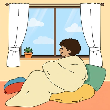 A person with medium skin and curly hair is wrapped in a thick, fluffy cream-colored blanket. They are sitting on a comfortable cushion in front of a large window with white curtains. The person has a gentle smile, gazing contently outside. The window shows a clear sky with a few fluffy clouds. Sunlight streams into the room, creating a warm atmosphere. A small potted plant sits on the windowsill, adding a touch of greenery. The interior features soft, colorful cushions scattered around, enhancing the cozy feel.