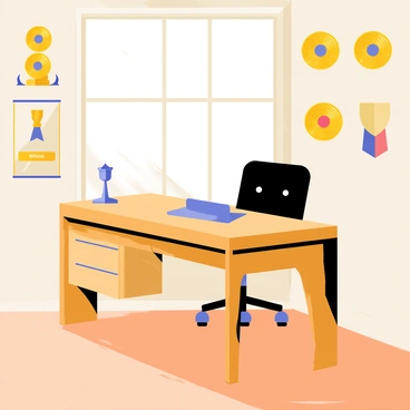 An office space with a sleek wooden desk positioned at the center. Gold records are framed and displayed on the walls, arranged in an organized manner. Various awards are mounted nearby, showcasing achievements in music and entertainment. A plush black chair sits behind the desk, complementing the sophisticated atmosphere of the room. A large window allows natural light to filter in, casting soft shadows on the floor. The flooring is polished wood, enhancing the elegance of the office.