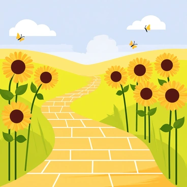 A yellow brick road winding through a vast field filled with tall, vibrant sunflowers. The sunflowers have large, round faces turned towards the bright blue sky, showcasing their golden petals. The road is composed of shiny, smooth bricks that glisten in the sunlight. Butterflies with colorful wings flutter above the flowers, and a few fluffy white clouds drift lazily in the sky. In the distance, gentle hills outline the horizon, adding depth to the scene.