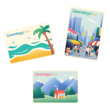 A collection of illustrated postcards is displayed, each featuring a different destination. The first postcard shows a sunny beach with golden sand and turquoise waves crashing gently on the shore. A palm tree leans over the beach, and in the sky, seagulls are soaring. The second postcard depicts a bustling city street with tall skyscrapers and colorful market stalls. People are walking along the sidewalk, and street vendors are selling fresh fruits. The third postcard features a scenic mountain landscape with snow-capped peaks and a clear blue sky. A small cabin with smoke curling from the chimney sits in the foreground, surrounded by evergreen trees. Each postcard has a decorative border and a colorful "Greetings from..." text at the top.