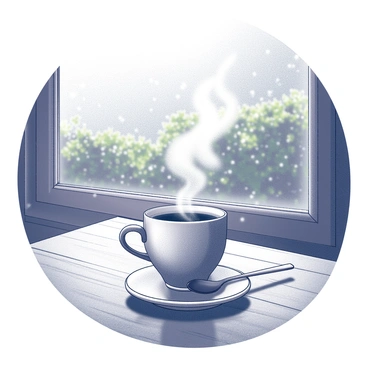 A steaming cup of coffee sits on a rustic wooden table. The cup has a simple design, and wisps of steam rise from its surface. Nearby, a small saucer holds a spoon. In the background, a window reveals a rainy day outside. Raindrops race down the glass, blurring the view of a lush, green garden. The atmosphere is cozy, enhanced by the soft light filtering through the window.