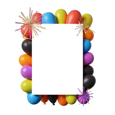 A celebration invitation featuring a vibrant border adorned with "colorful balloons" in various sizes and hues, such as red, blue, yellow, and green. The design includes "fireworks" bursting in the background, with sparkling trails of light in shades of gold, silver, and purple. The central area of the invitation remains clear, inviting text to be placed prominently. The overall composition conveys a lively and joyful atmosphere.