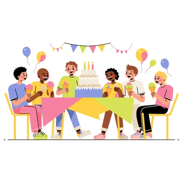 A group of five children, three boys and two girls, are gathered around a colorful table decorated with balloons and a large birthday cake. Each child is holding a cone of ice cream topped with vibrant sprinkles. The first boy has a chocolate ice cream cone, the second boy has vanilla, while the third boy enjoys a bright blue bubblegum flavor. One girl has a strawberry ice cream cone, and the other girl has a mint chocolate chip cone. They are smiling and laughing, clearly enjoying the moment. The background features colorful streamers hanging from the ceiling and party hats placed on the table.