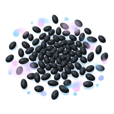 A close-up view of numerous dragon fruit seeds scattered across a smooth white surface. The seeds are glossy and black, exhibiting a slight shine. The contrast of the dark seeds against the pure white background creates a striking visual effect. The arrangement of the seeds is random, showcasing various sizes and shapes, emphasizing the natural diversity of the seeds. Light reflects off their surfaces, adding subtle highlights that enhance their texture.