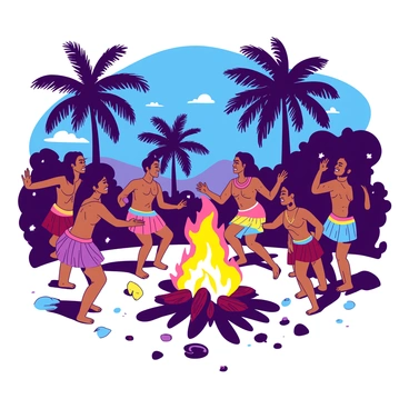 A group of Taino people is gathered around a large bonfire, their faces illuminated by the warm glow of the flames. Some participants are dressed in colorful traditional attire, featuring intricate patterns and natural materials. The dancers are in dynamic poses, showcasing their movements and expressions of joy. In the background, the silhouettes of palm trees sway gently in the night breeze. The ground is covered with tropical leaves and scattered stones, enhancing the authenticity of the scene. The atmosphere is vibrant and energetic, reflecting the cultural significance of the dance.