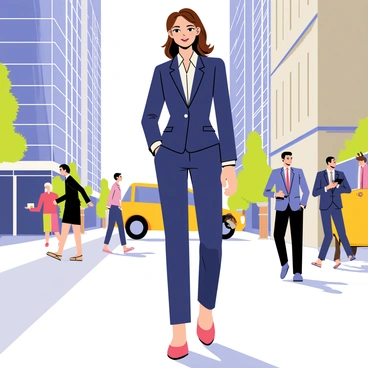 Anjelica is wearing a fitted navy blue tailored suit, with sharp lapels and a sleek silhouette. She has shoulder-length brown hair styled in loose waves. As she walks confidently down a bustling city street, tall buildings with large glass windows rise on either side. People in business attire rush past her, and a yellow taxi is visible in the background. Sunlight reflects off the glass facades, creating a vibrant atmosphere. Anjelica has a determined expression, with her hands comfortably in her pockets, and a slight smile on her face, embodying confidence amidst the urban hustle.