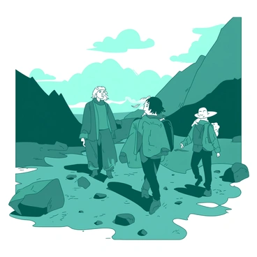 A teal Sam and a white Frodo are trekking through a desolate and rocky landscape of Mordor. The ground is covered with sharp, jagged rocks and dark, barren earth. In the background, there are towering mountains with steep cliffs, casting long shadows. The sky is overcast with heavy clouds, creating a somber atmosphere. Sam is holding a worn backpack, while Frodo is carrying a small, glowing object in his right hand. Both characters are dressed in rugged travel clothing, showing signs of wear from their journey.
