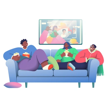 A group of three friends is lounging on a large, comfortable couch. One friend, with short curly hair and wearing a blue sweatshirt, is leaning back with a bowl of popcorn resting on their lap. Another friend, with long straight hair and a green t-shirt, is sitting cross-legged, holding a handful of popcorn while smiling at the screen. The third friend, with glasses and a red hoodie, is reclining on the arm of the couch, laughing at the movie. The room is dimly lit, and a large flat-screen television is displaying a movie scene in the background. A few scattered throw pillows are on the couch, and a cozy blanket is draped over one side.
