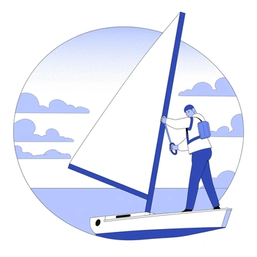 A sailor stands on a boat, actively using a carabiner to secure a sail rope. The sailor is wearing a simple outfit suitable for sailing, with a life vest visible. The boat is a small sailboat, featuring a single mast and sails that are partially raised. The sunset backdrop showcases a sprawling sky with clouds, creating an intricate interplay of shapes. The sun is positioned low on the horizon, casting an expansive scene filled with textures. The sailor appears focused on their task, ensuring the rope is firmly fastened to the boat's cleat.