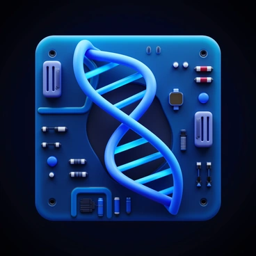 A close-up of a circuit board featuring intricate pathways that resemble a DNA double helix structure. The circuit board has various components such as resistors, capacitors, and microchips integrated into it. The pathways are highlighted with a glowing effect to emphasize their resemblance to the DNA structure. The background is dark to enhance the visibility of the circuit board details and the luminous pathways.