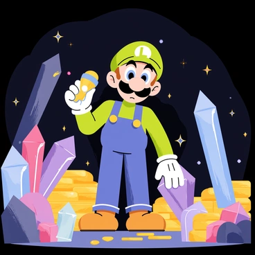 A cartoon-style illustration of "Luigi" wearing his signature green hat and blue overalls, carefully exploring a dark cave. The cave is filled with large, sparkling crystals in various colors, reflecting light throughout the space. In the background, piles of ancient treasure are visible, including gold coins and shiny gemstones. Luigi has a curious expression on his face as he shines a flashlight on the crystals, illuminating the intricate formations around him.