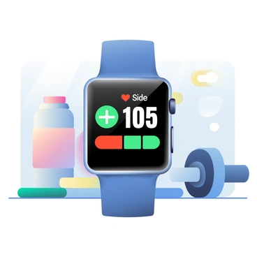 A close-up view of a black smartwatch is centered in the image. The screen is illuminated, displaying a heart rate monitor with bright green and red indicators. The heart rate is shown as a numerical value in bold white font. The watch strap is made of a soft silicone material, and the metallic case reflects light subtly. Surrounding the smartwatch are blurred elements of a gym environment, such as weights and a water bottle, to suggest an active setting.