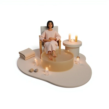A person with light brown skin and shoulder-length hair is sitting comfortably in a cozy chair. Their feet are placed in a large, clear foot bath filled with warm water. The person is wearing a soft, oversized sweater in a pastel color. The area around them is illuminated by several small candles with flickering flames, casting a gentle glow. A few decorative towels are folded nearby, and there are some smooth stones scattered on the table beside the foot bath. The atmosphere appears calm and inviting.
