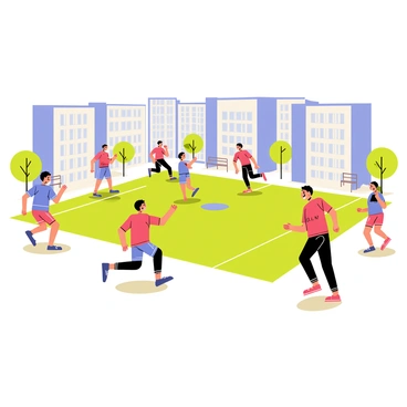 A group of children playing kabaddi in an urban playground. The playground features a rectangular field, marked with white lines, surrounded by tall buildings with large windows. The children are wearing colorful sports uniforms, displaying excitement and energy as they participate in the game. Some children are crouched low in the kabaddi stance while others are running towards them. The atmosphere is lively, with a few trees and benches visible in the background. Bright sunlight casts shadows on the ground, enhancing the vividness of the scene.