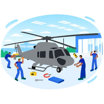 A group of technicians in blue overalls is focused on servicing an NH90 helicopter inside a large maintenance hangar. The helicopter is positioned prominently in the center of the hangar, with its sleek gray body and rotor blades extended above. Various tools and equipment are scattered around on the floor, including wrenches and diagnostic devices. Bright overhead lights illuminate the scene, creating a clear view of the intricate details on the helicopter's fuselage. One technician is inspecting the rotor mechanism, while another is checking the cockpit instruments. The hangar features large open doors at one end, allowing a glimpse of the outside environment, which is bright and sunny.