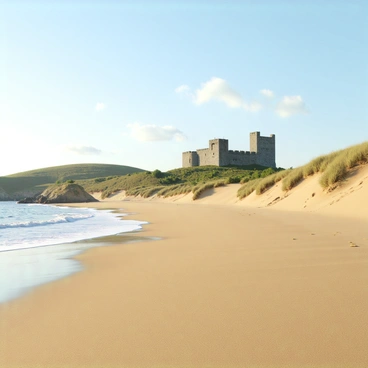 A serene beach scene at Harlech with soft sand dunes and a distant view of the castle