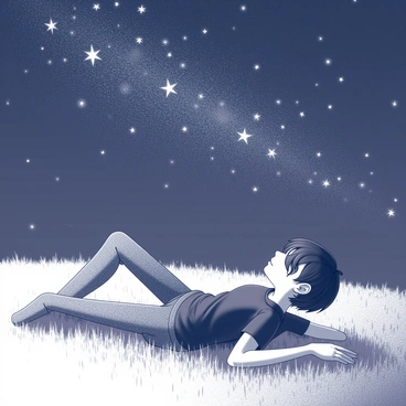 An emo figure is lying on the grass at night. The figure has short, dark hair covering one eye, and is wearing a black band t-shirt and skinny jeans. The grass surrounding the figure is finely detailed, with blades gently swaying in the night breeze. The figure's arms are stretched out beside them, and their face expresses a sense of contemplation. Above, a vast sky is filled with numerous stars, twinkling brightly against the dark backdrop. The figure’s gaze is directed upward, lost in thought as they dream beneath the celestial display.