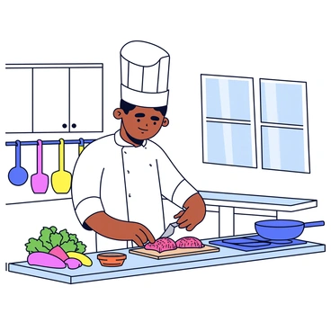 A chef wearing a white uniform and a tall chef's hat is focused on preparing a red snapper dish. The snapper is being filleted on a wooden cutting board. The kitchen is bright, featuring white cabinets and colorful utensils hanging on the wall. Fresh herbs and vegetables are neatly arranged on the counter beside the chef, and a frying pan is ready on a stove. Light streams in through a window, illuminating the scene.