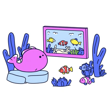 A blobfish with a slightly droopy face is sitting on a rock, looking attentively at a movie projected onto a vibrant coral screen. The screen displays colorful underwater scenes. Surrounding the blobfish are several small, friendly fish, including a clownfish and a brightly colored parrotfish, all watching the movie together. The underwater environment is filled with various coral formations, creating a lively atmosphere.