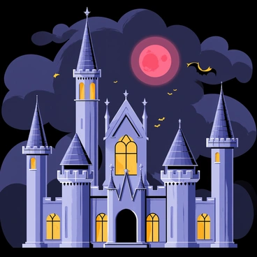 A large castle featuring intricate gothic architecture with pointed arches and detailed stonework. The castle towers are tall and spire-like, reaching towards the sky. A "blood-red moon" hangs ominously above the castle, casting a soft glow on the structure. Bats can be seen flying around the castle, adding to the eerie atmosphere. Dark clouds swirl in the night sky, creating a dramatic backdrop against the illuminated castle.