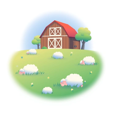 A flock of white sheep with fluffy wool is grazing on a lush, green grassy pasture. The sheep are scattered across the field, some nibbling on the grass while others are resting. In the background, there is a rustic wooden barn with a red roof. The barn features large double doors and is surrounded by a few scattered wildflowers. A few trees provide shade near the barn, and there is a clear blue sky above, enhancing the peaceful atmosphere of the scene.