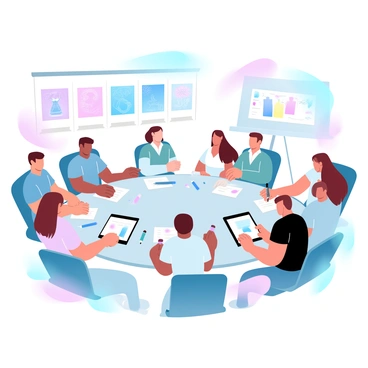 A group of participants is gathered around a large table covered with various tools and materials for designing book covers. Each person is focused on their own creative project, with sketches and colorful samples scattered across the table. Some participants are holding pencils and markers, while others are manipulating digital tablets displaying vibrant cover designs. In the background, several completed book covers are displayed on an easel, showcasing different styles and concepts. The atmosphere is energetic and collaborative, with everyone sharing ideas and discussing their designs. Bright, gradient pastel colors fill the room, adding to the lively environment.