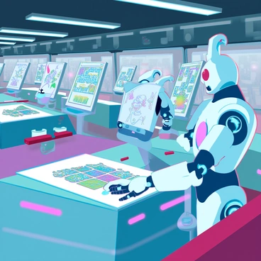 A factory assembly line filled with advanced robots, each with a sleek design and glowing blue accents. The robots are actively creating whimsical illustrations, using their mechanical arms to draw colorful images on large canvases. Some robots are applying vibrant paint, while others are sketching with digital pencils. The assembly line is lined with various tools and art supplies, including paint pots and sketch pads. Bright overhead lights illuminate the scene, highlighting the creativity in the production process. The atmosphere is busy and lively, filled with the sound of machines at work.