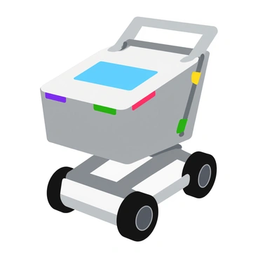 A sleek, futuristic robotic shopping cart with a metallic silver finish. The cart is equipped with glowing LED lights in various colors along its edges. It has a digital display screen on the front, showing information such as battery life and shopping list items. The cart features advanced sensors on the sides, allowing it to navigate through aisles autonomously. Large, sturdy wheels provide stability, and the basket is spacious, designed to hold a variety of products.