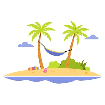 A secluded beach with a hammock strung between two palm trees