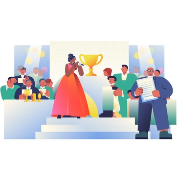 A large, elegantly decorated venue is filled with guests dressed in formal attire. The central focus is a stage with a sparkling backdrop and a podium adorned with a large gold trophy. A woman with dark hair styled in an updo, wearing a stunning red gown, speaks into a microphone. To the left, a group of applauding journalists is seated at a table covered in a white tablecloth, with gold and silver awards displayed in front of them. On the right, a spotlight shines on a man with glasses, holding a framed certificate and smiling proudly. The atmosphere is vibrant, with soft lighting enhancing the glamour of the event.