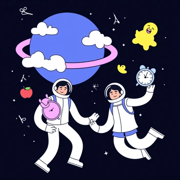 Astronauts and planets surrounded by everyday objects floating in a vacuum of space