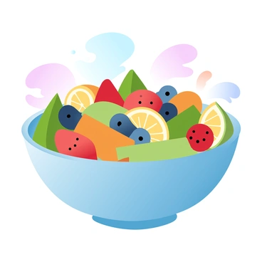A vibrant vector bowl of mixed fruit salad with colorful pieces of melon, berries, and citrus.