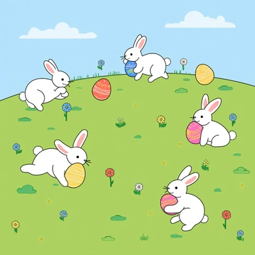 A vibrant green hillside covered with soft grass and colorful wildflowers. Various bunnies of different sizes and colors are scattered across the hillside. Each bunny is carrying a uniquely painted egg, showcasing a variety of bright patterns and colors, including polka dots, stripes, and swirls. Some bunnies have fluffy tails, while others have long ears perked up. The scene is lively, with a clear blue sky overhead and a few fluffy clouds drifting by. The bunnies are playfully interacting with each other, hopping and nibbling on the grass.