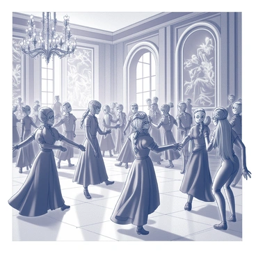 Elves in elegant attire are gathered in an ornate hall. Some elves are wearing intricate masks that cover the upper half of their faces, adorned with delicate patterns. The hall features high ceilings with elaborate chandeliers hanging down, casting light across the polished marble floors. Elaborate tapestries line the walls, showcasing mythical scenes and figures. Elves are engaged in lively conversation and graceful dance, their outfits embellished with flowing fabrics and intricate details. Each elf displays a unique style, with various textures and designs that enhance the festive atmosphere of the ball.