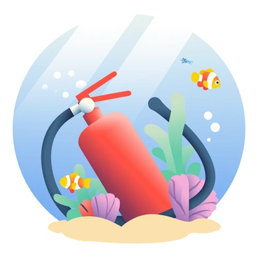 A red fire extinguisher is submerged underwater, partially covered in sand. It appears to be resting on the ocean floor among a variety of colorful fish. Bright yellow and orange clownfish swim around the extinguisher, while small blue fish dart in and out of the nearby coral formations. Sunlight filters through the water, creating dappled patterns on the surface, illuminating the scene. Bubbles rise from the extinguisher, adding to the lively underwater atmosphere.